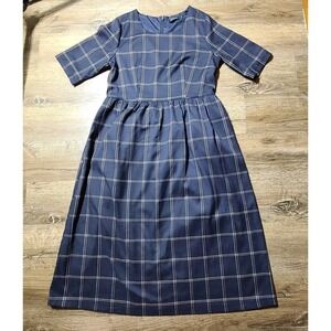 Roolee Navy Blue Plaid Midi Dress Women's Size M Modest Half Sleeve Checkered